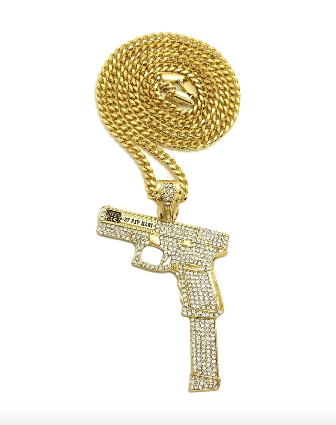 40 Pistol Necklace Extended Clip Pendant Gun Chain 9mm Simulated Diamond Hip Hop Iced Out Cuban Link 24in.