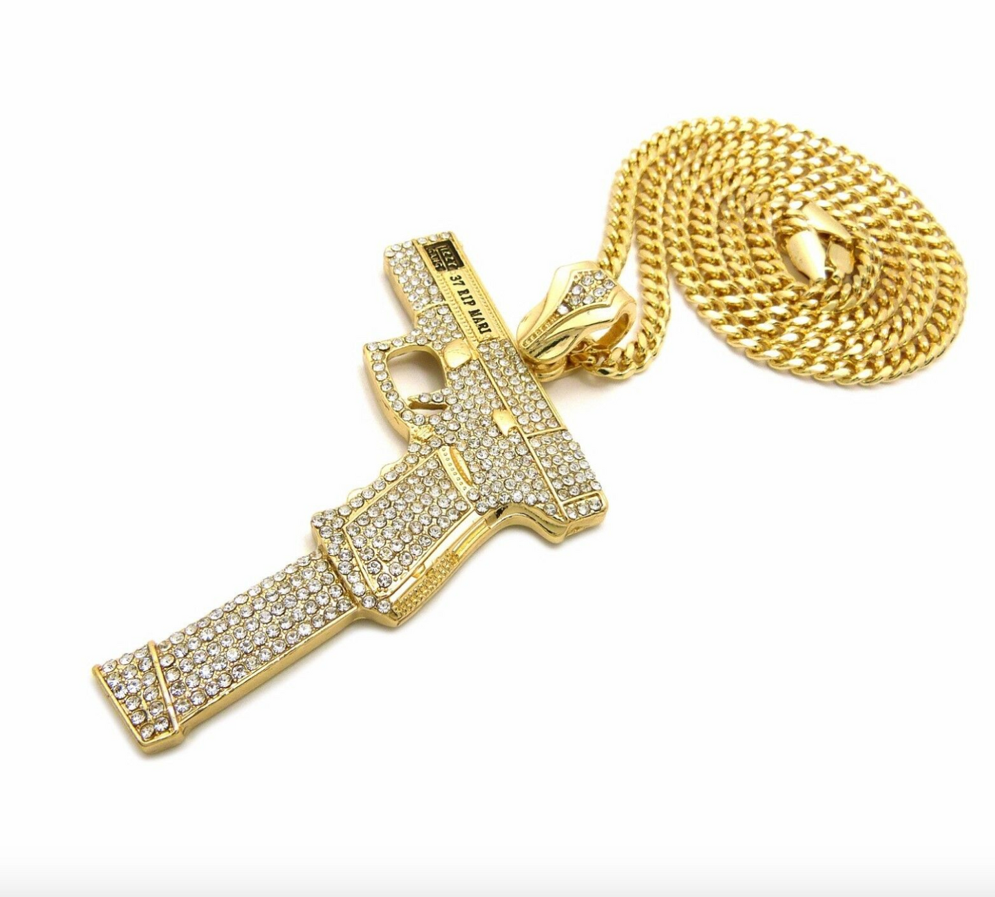 40 Pistol Necklace Extended Clip Pendant Gun Chain 9mm Simulated Diamond Hip Hop Iced Out Cuban Link 24in.