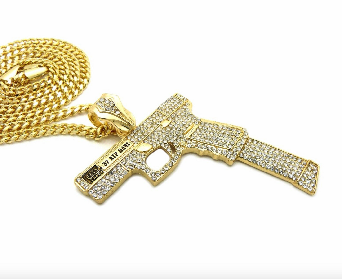 40 Pistol Necklace Extended Clip Pendant Gun Chain 9mm Simulated Diamond Hip Hop Iced Out Cuban Link 24in.