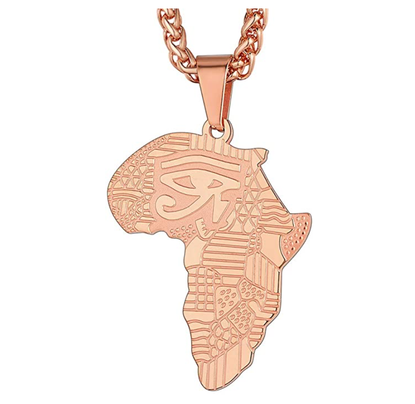 Africa Map Pendant Gold Silver Stainless Steel African Jewelry Egyptian Necklace Eye of Ra Chain Horus Eye 24in.
