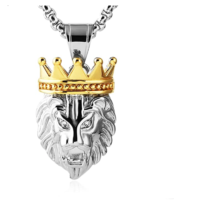 Lion King Pendant Gold Color Metal Alloy Lion Crown Chain African Jewelry Silver Judah Lion Egyptian Necklace 24in.