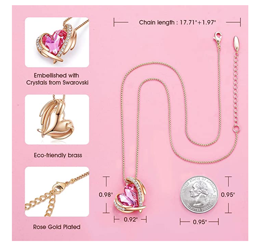 Love Heart Pendant Rose Gold Color Metal Alloy Simulated Diamond Chain Crystals Birthstone Jewelry Ethiopian Necklace 20in.
