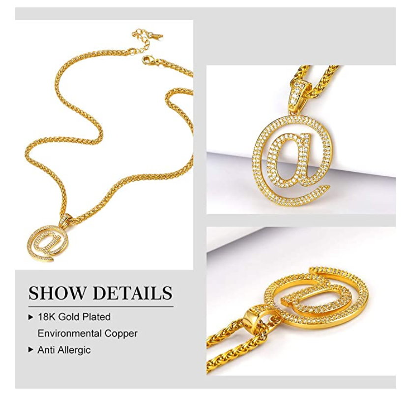 At @ Pendant Simulated Diamond Gold Color Metal Alloy Hip Hop Jewelry AT Sign Necklace Text Emoji A Chain 24in.