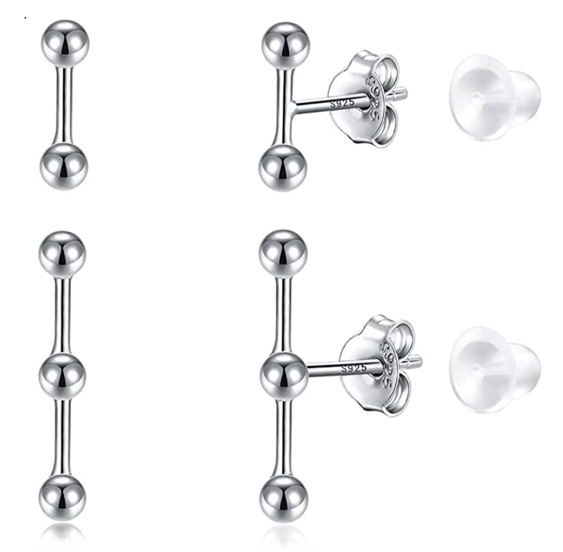 5mm Bead Ball Earring Silver Color Metal Alloy Two Three Bead Ball Earring Womens Small Ball Earrings (2 Pair)