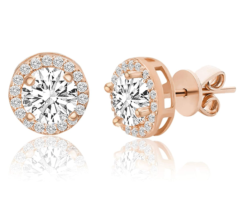 6mm Halo Cut Solitaire Diamond Earring Rose Gold Circle Earrings Womans Halo Round Silver Solitaire Stud