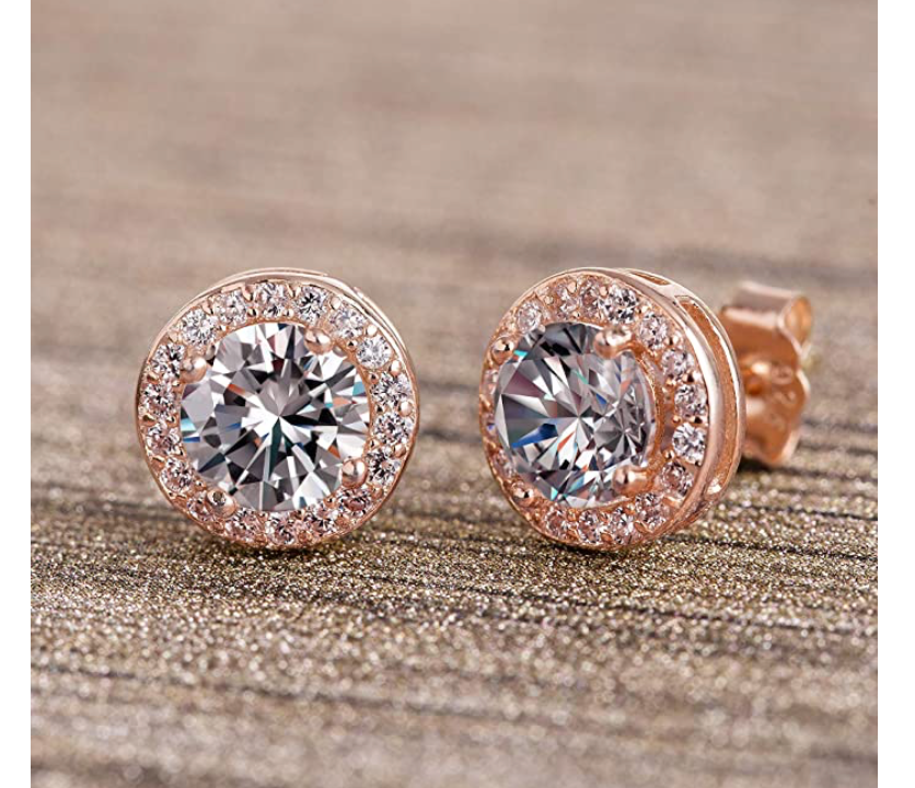 6mm Halo Cut Solitaire Diamond Earring Rose Gold Circle Earrings Womans Halo Round Silver Solitaire Stud