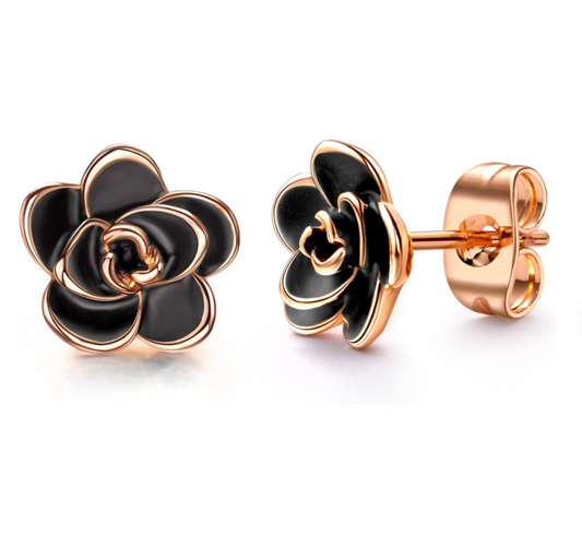 Black Rose Flower Earrings Stud Rose Earrings Rose Gold White Flower Earring 925 Sterling Silver