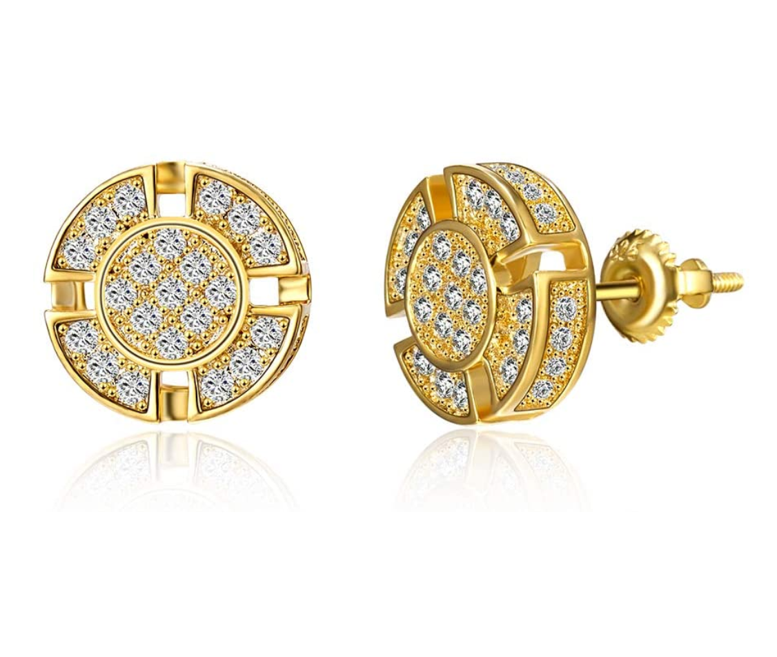 7mm Gold Windmill 925 Sterling Silver Hip Hop Earrings Diamond Round Circle Earring Mens Screw Back Iced Out