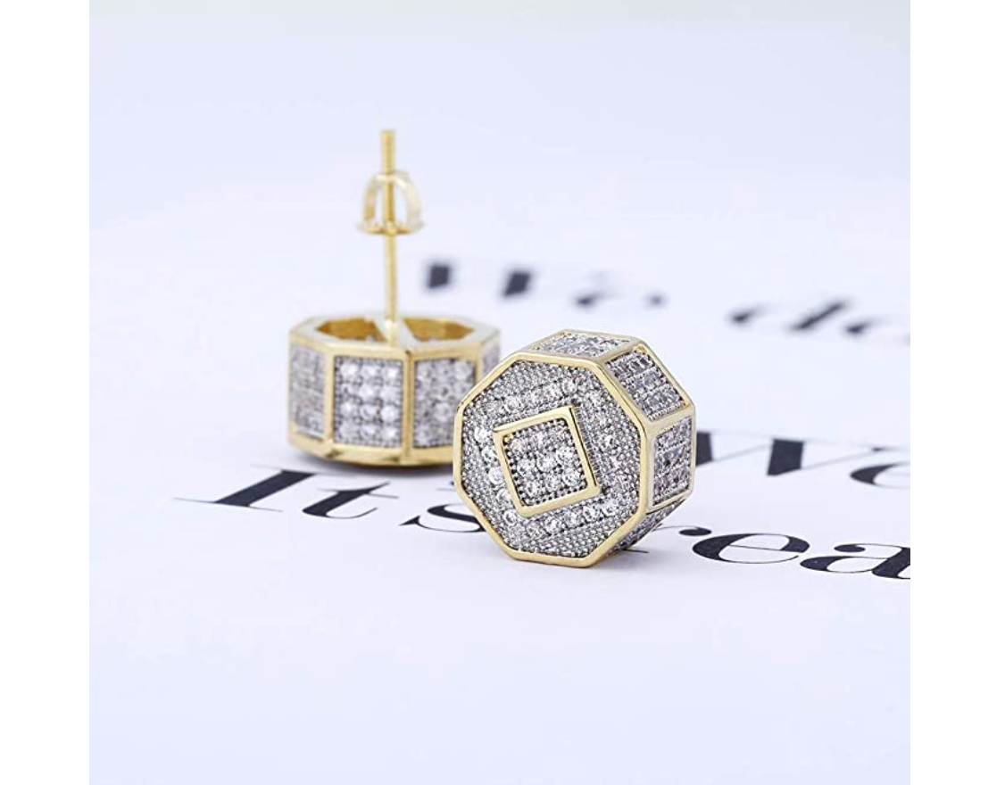 9mm Gold 925 Sterling Silver Octagonal Square Cube Earrings Hip Hop Mens Women Screw Back Earring Iced Out