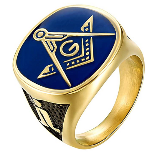 Blue & Gold Stainless Steel Freemason Ring Master Mason Ring Masonic Degree Ring Compass & Square G Regalia Jewelry