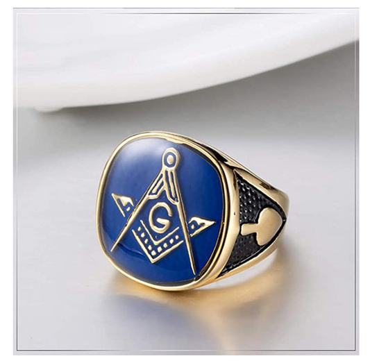 Blue & Gold Stainless Steel Freemason Ring Master Mason Ring Masonic Degree Ring Compass & Square G Regalia Jewelry