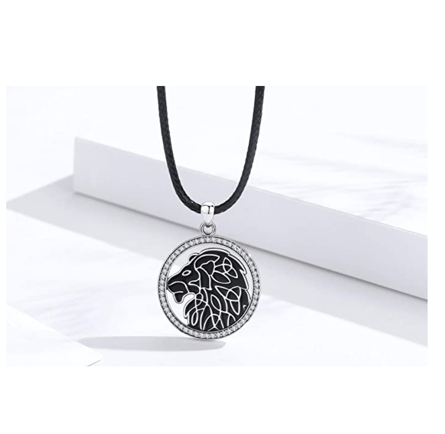 Celtic Lion Medallion Necklace African Lion Head Chain Simulated-Diamond Lion Jewelry Leo Judah Lion Heart Chain Silver Color Metal Alloy 24in.
