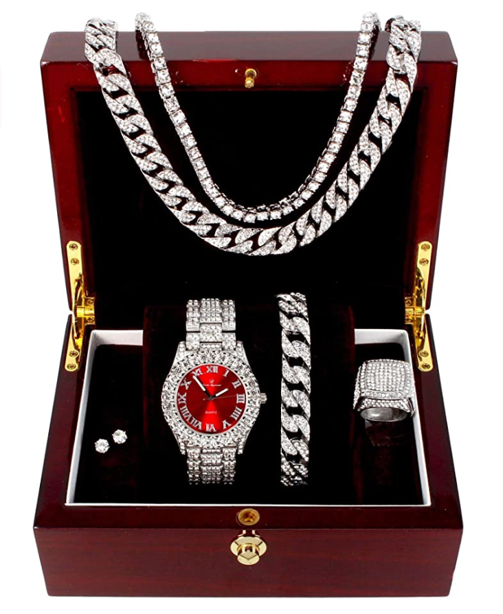 Red Face Watch Set Gold Color Simulated Diamond Earring Necklace Cuban Link Blue Bracelet Tennis Chain Ring Gift Bundle