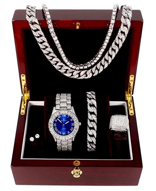 Red Face Watch Set Silver Color Simulated Diamond Earring Necklace Cuban Link Blue Bracelet Tennis Chain Ring Gift Bundle