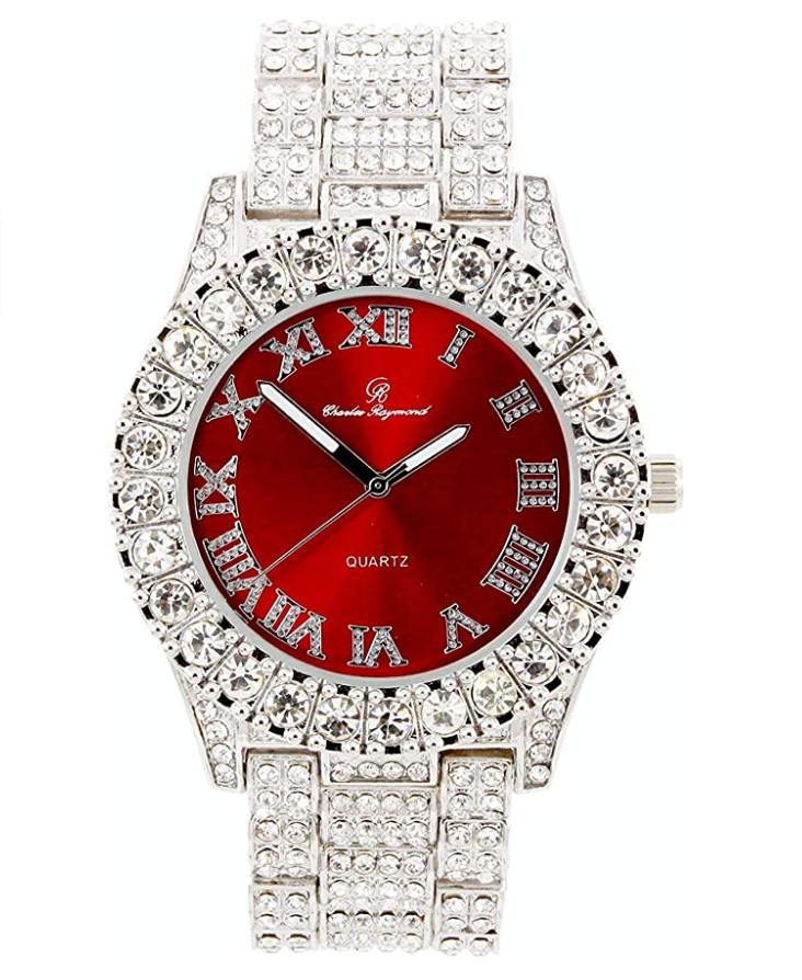 Red Face Watch Set Gold Color Simulated Diamond Earring Necklace Cuban Link Blue Bracelet Tennis Chain Ring Gift Bundle