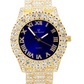 Red Face Watch Gold Color Simulated Diamond Watch Green Face Hip Hop Bust Down Bling Jewelry Roman Numeral Blue Dial