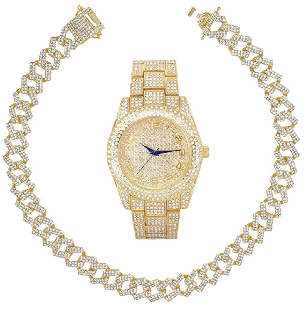 Red Face Watch Gold Color Simulated Diamond Cuban Link Chain Set Spike Necklace Bust Down Hip Hop Watch Bundle