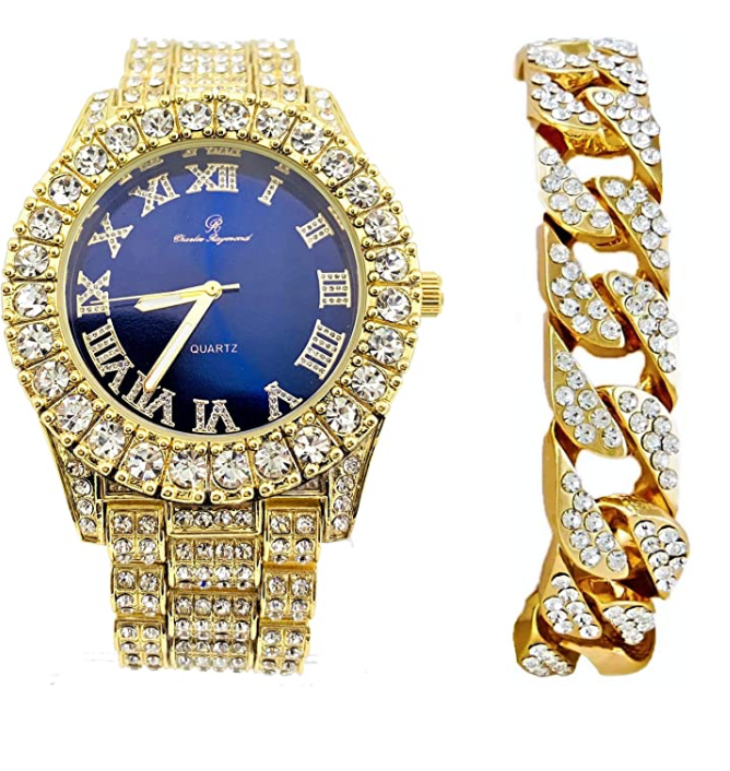 Red Face Watch Gold Color Simulated Diamond Watch Set Cuban Link Bracelet Hip Hop Blue Watch Bling Jewelry Gift Bundle