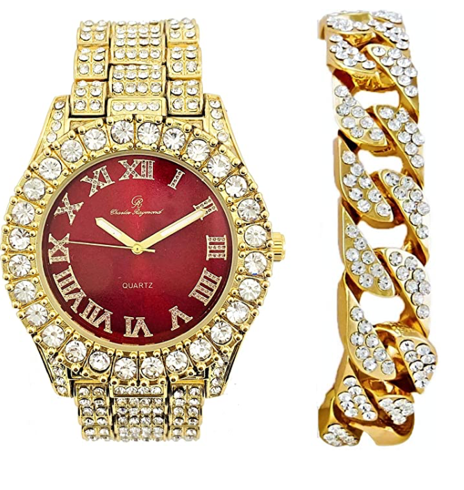 Red Face Watch Gold Color Simulated Diamond Watch Set Cuban Link Bracelet Hip Hop Blue Watch Bling Jewelry Gift Bundle