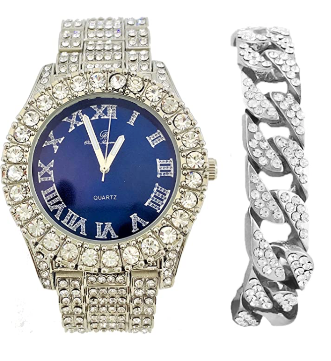 Red Face Watch Gold Color Simulated Diamond Watch Set Cuban Link Bracelet Hip Hop Blue Watch Bling Jewelry Gift Bundle