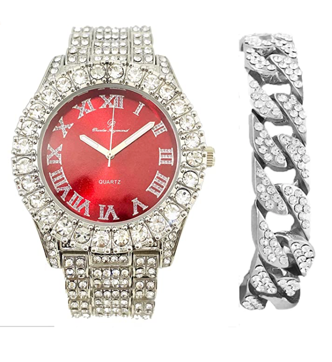 Red Face Watch Gold Color Simulated Diamond Watch Set Cuban Link Bracelet Hip Hop Blue Watch Bling Jewelry Gift Bundle