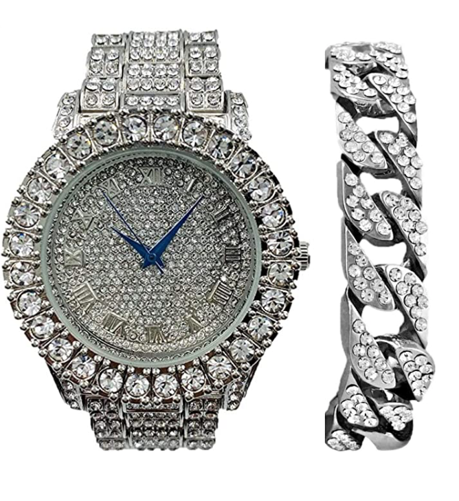 Red Face Watch Gold Color Simulated Diamond Watch Set Cuban Link Bracelet Hip Hop Blue Watch Bling Jewelry Gift Bundle