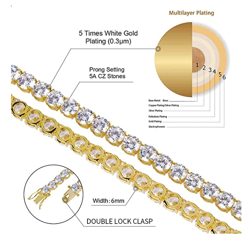 6mm Tennis Chain Stud Diamond Tennis Necklace Men Hip Hop Jewelry Chain Prong Set Gold Silver Metal Alloy 16 - 30in.