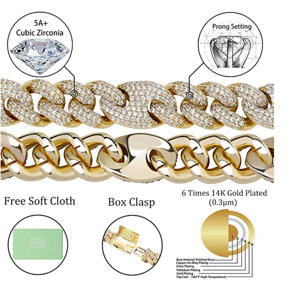 16mm Mariner Link Necklace Diamond Link Chain Anchor Hip Hop Jewelry Cuban Link Rapper Gold Silver Metal Alloy 18 - 22in.