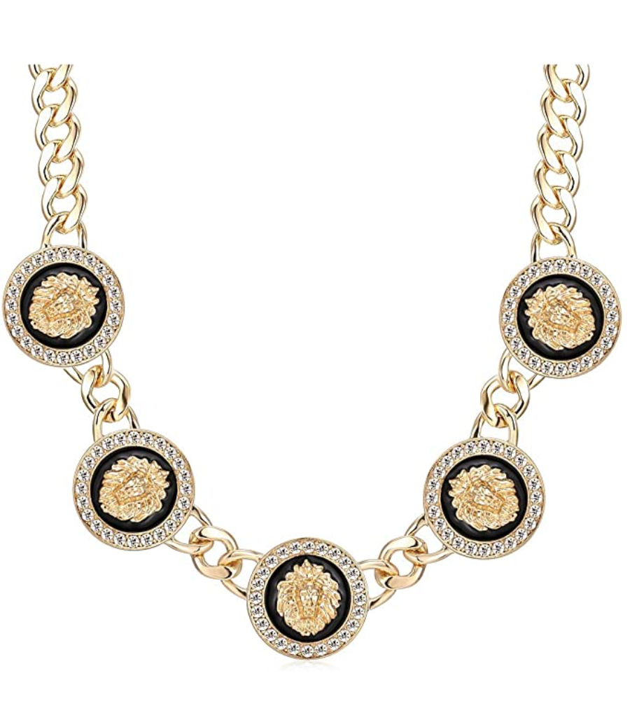 Medusa Lion Medallion Necklace Gold Color Metal Alloy Simulated-Diamond Lion Head Chain Jewelry Medusa Lion King Leo Pendant Stainless Steel 24in.