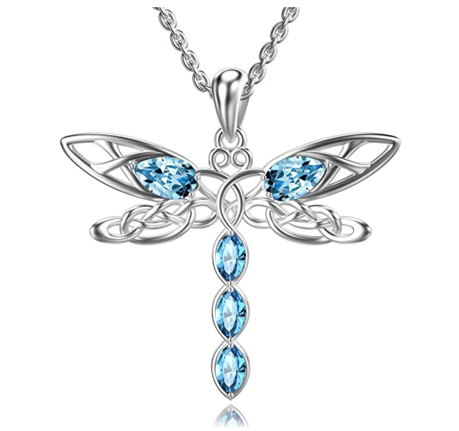 925 Sterling Silver Dragonfly Pendant Blue Diamond Necklace Dragonfly Jewelry Chain Birthday Gift 20in.