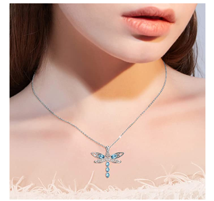 925 Sterling Silver Dragonfly Pendant Blue Diamond Necklace Dragonfly Jewelry Chain Birthday Gift 20in.