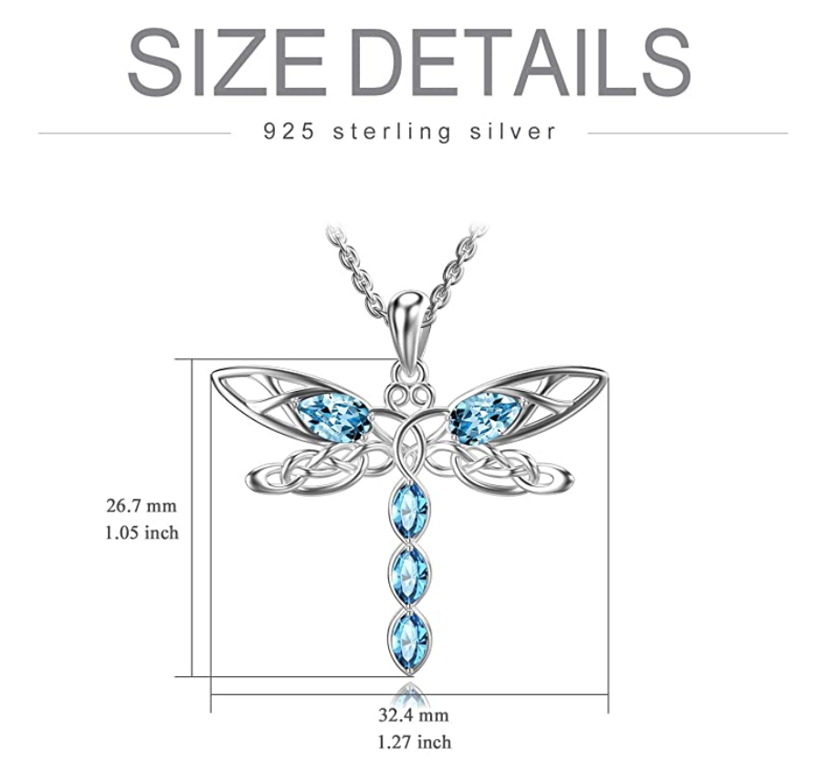 925 Sterling Silver Dragonfly Pendant Blue Diamond Necklace Dragonfly Jewelry Chain Birthday Gift 20in.