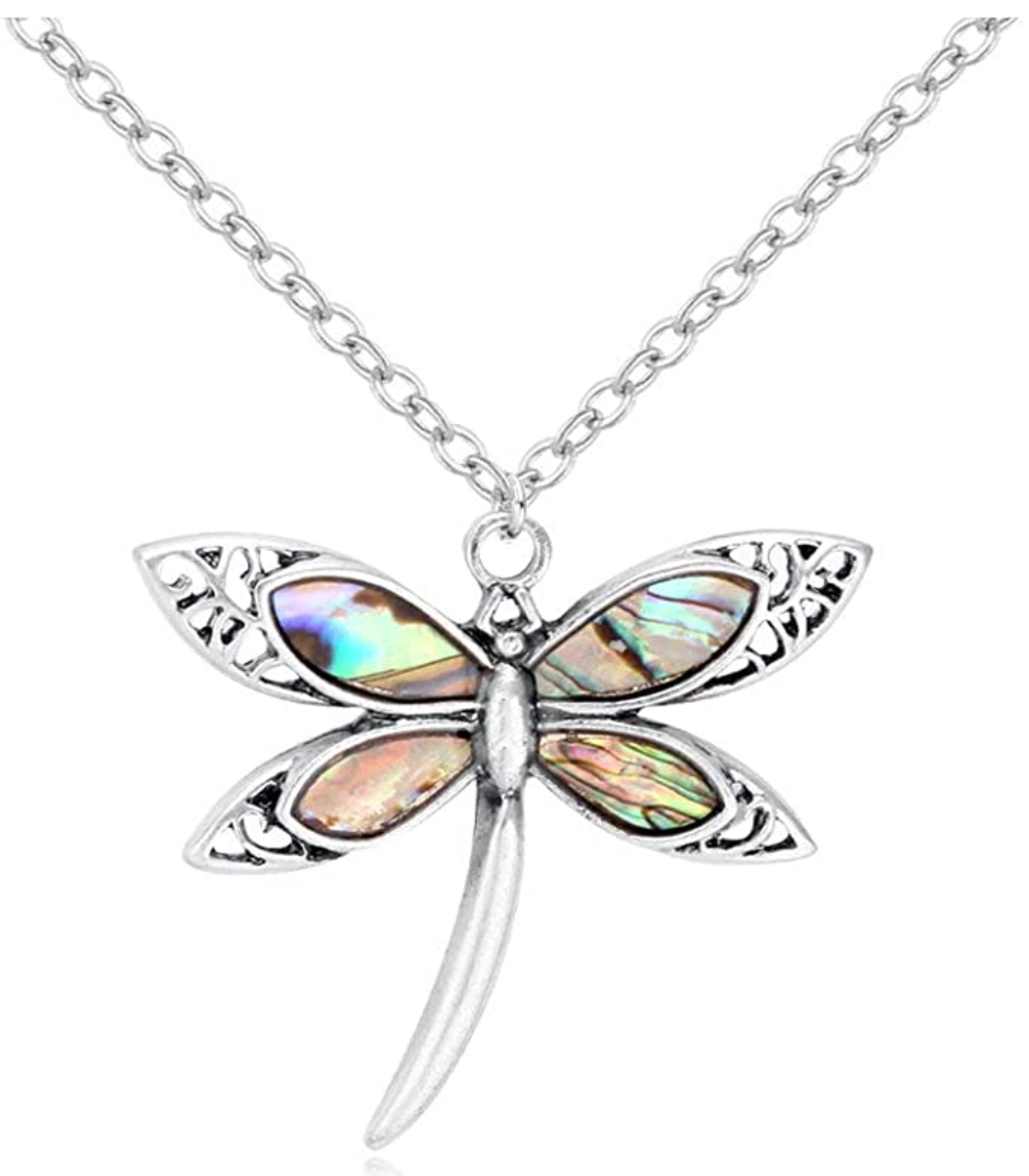 Abalone Shell Bangle Cuff Dragonfly Pendant Necklace Dragonfly Jewelry Chain Birthday Gift 20in.