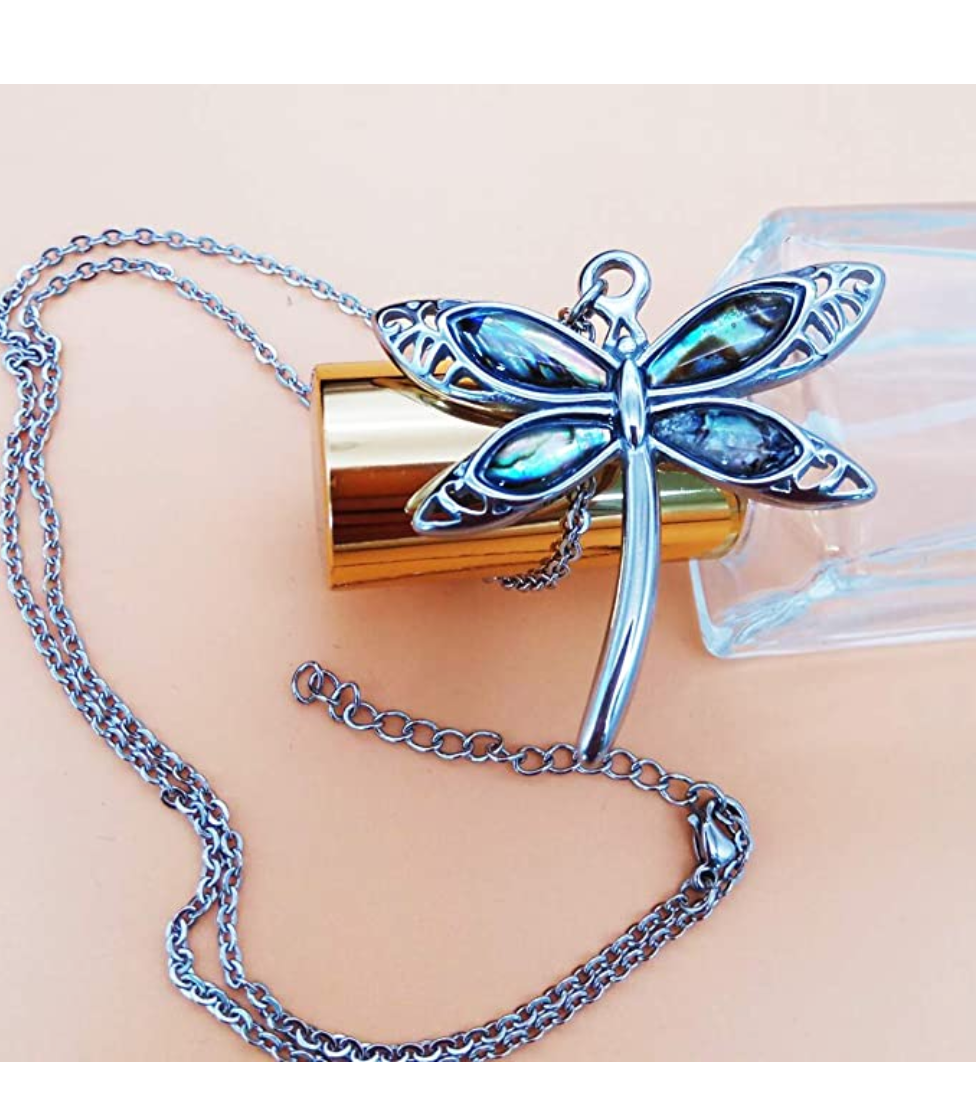 Abalone Shell Bangle Cuff Dragonfly Pendant Necklace Dragonfly Jewelry Chain Birthday Gift 20in.