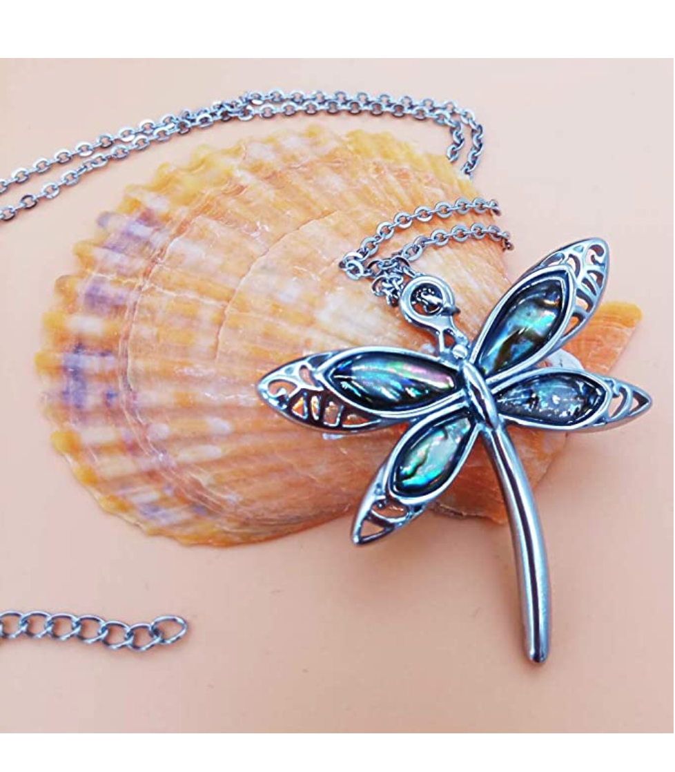 Abalone Shell Bangle Cuff Dragonfly Pendant Necklace Dragonfly Jewelry Chain Birthday Gift 20in.