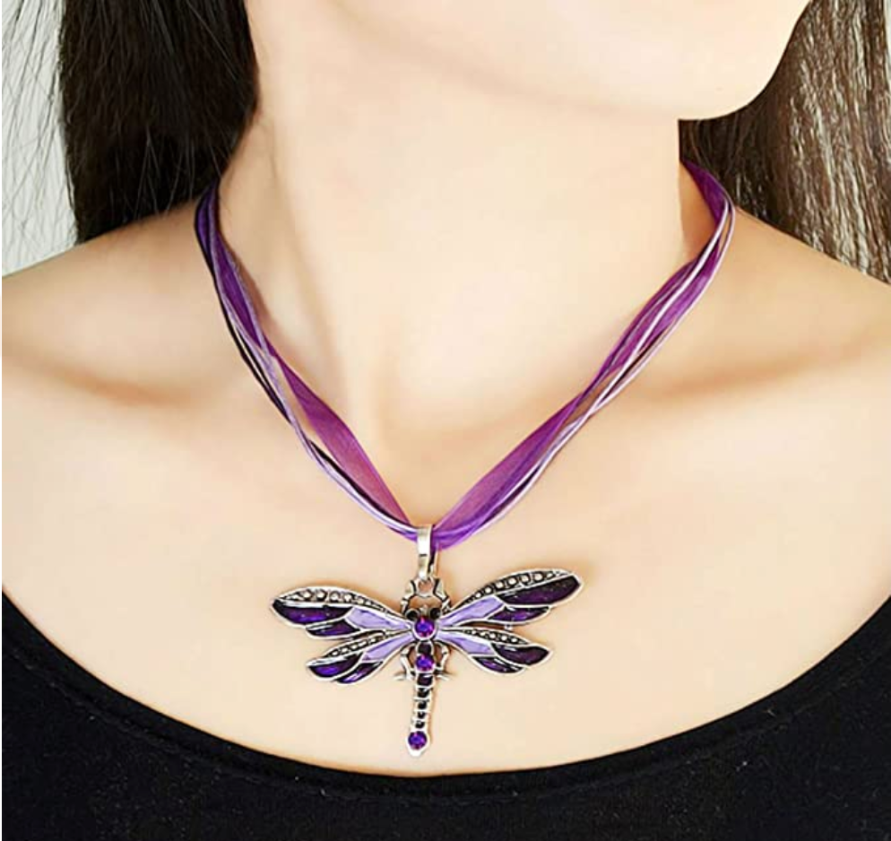 Green Dragonfly Pendant Necklace Enamel Dragonfly Red Bohemian Jewelry Purple Chain Birthday Gift 18in.
