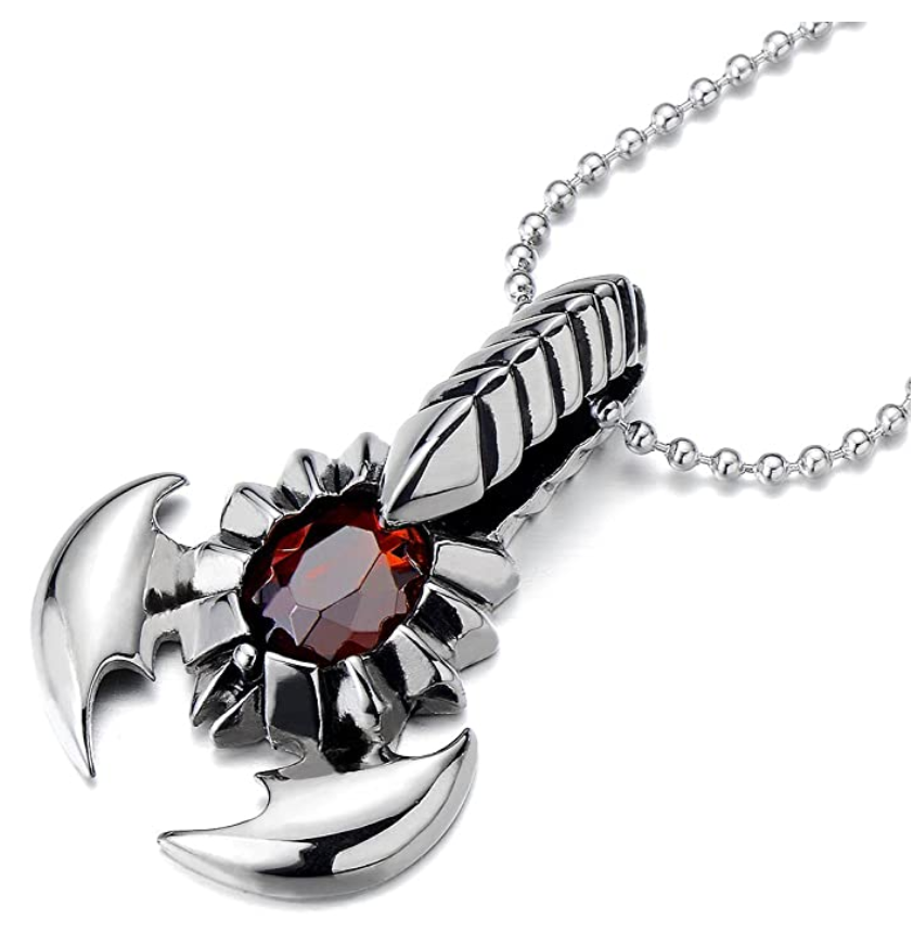 Simulated Red Ruby Scorpio Necklace Scorpion Jewelry Zodiac Pendant Chain Birthday Gift Silver Color Stainless Steel 30in.