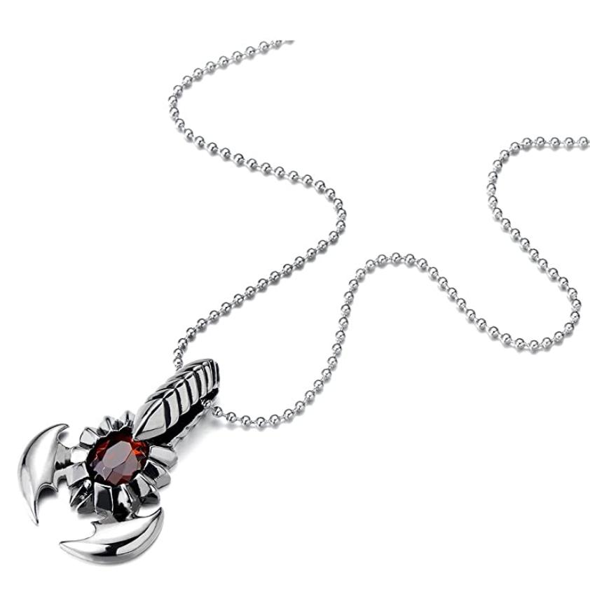 Simulated Red Ruby Scorpio Necklace Scorpion Jewelry Zodiac Pendant Chain Birthday Gift Silver Color Stainless Steel 30in.