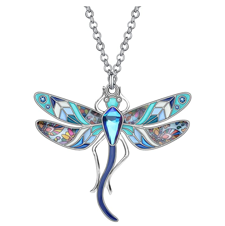 Blue Dragonfly Necklace Purple Dragonfly Jewelry Pendant Chain Birthday Gift Stainless Steel Silver 18in.