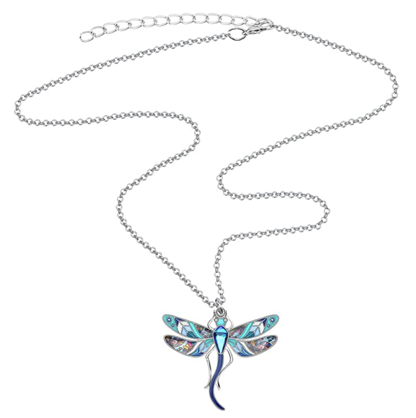 Blue Dragonfly Necklace Purple Dragonfly Jewelry Pendant Chain Birthday Gift Stainless Steel Silver 18in.