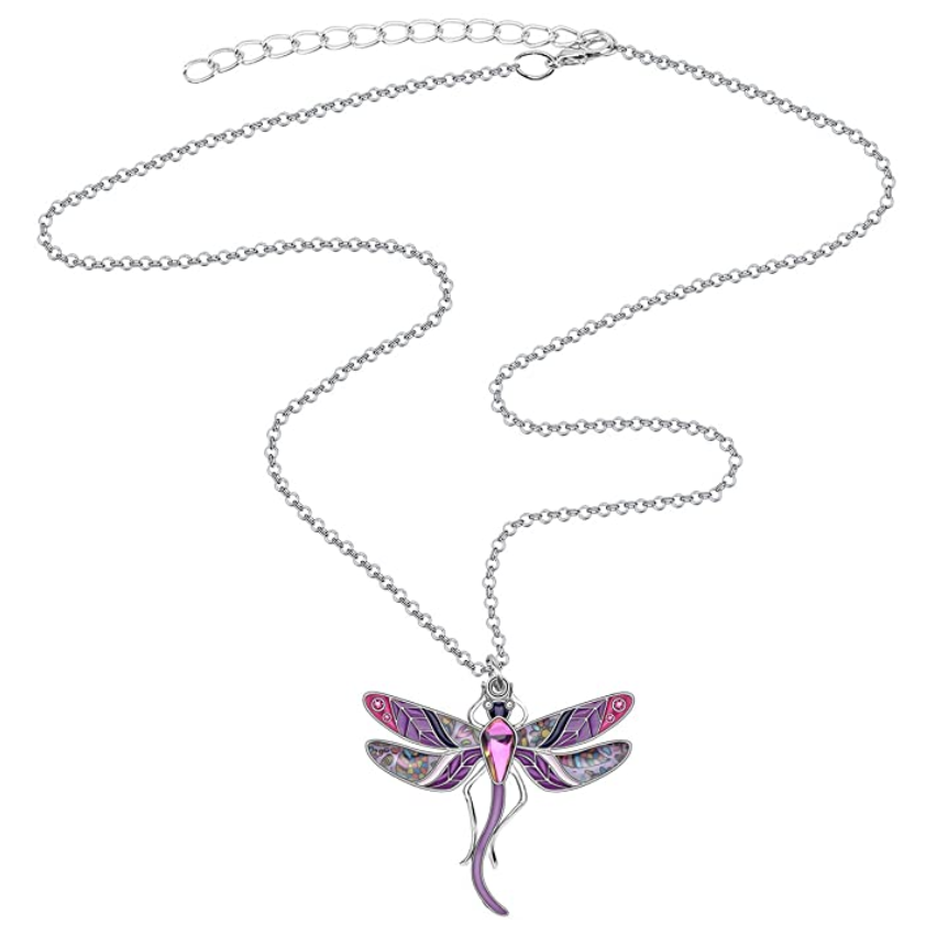 Blue Dragonfly Necklace Purple Dragonfly Jewelry Pendant Chain Birthday Gift Stainless Steel Silver 18in.