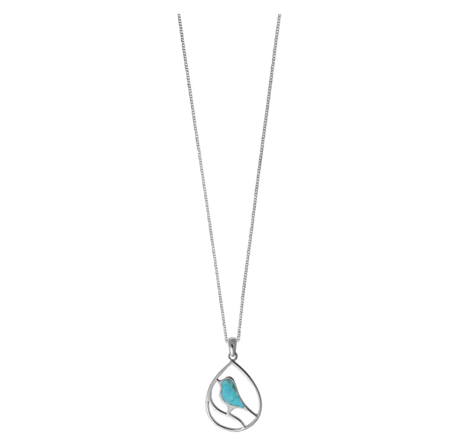 Blue Bird Necklace Round Circle Pendant Green Bird Jewelry Bird Sitting Chain Birthday Gift 925 Sterling Silver 16in.