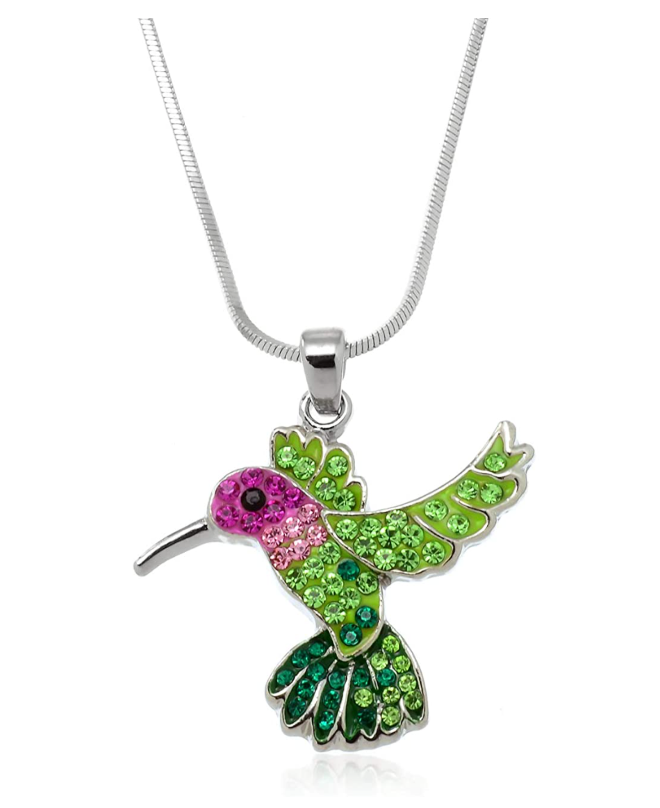 Pink & Green Hummingbird Necklace Pendant Hummingbird Jewelry Bird Chain Birthday Gift 18in.