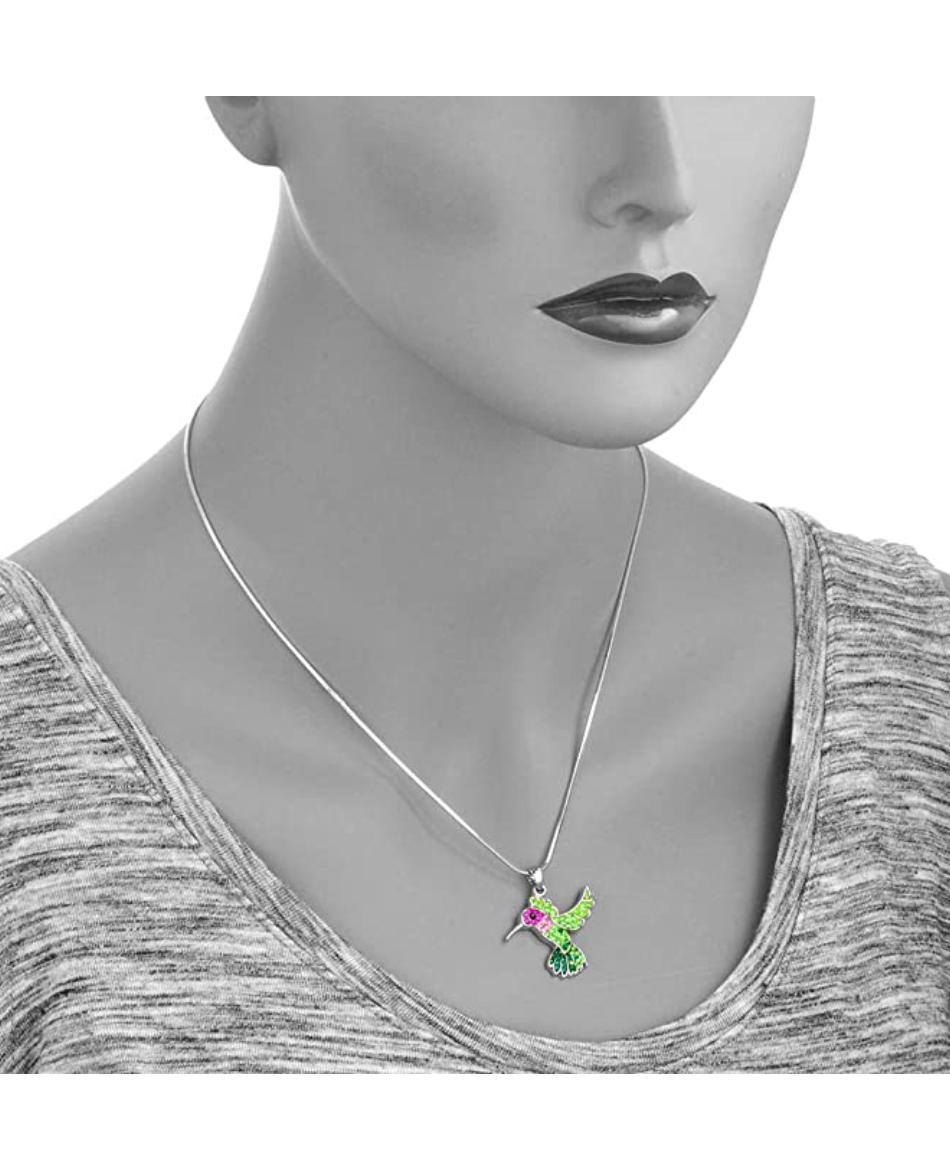 Pink & Green Hummingbird Necklace Pendant Hummingbird Jewelry Bird Chain Birthday Gift 18in.