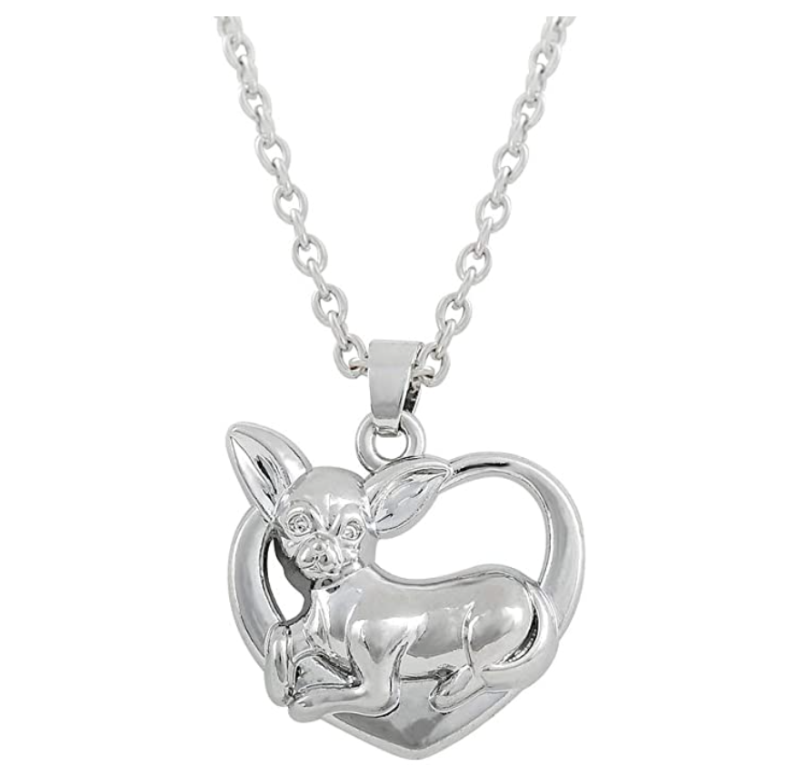 Chihuahua Heart Necklace Doggy Chihuahua Pendant Jewelry Love Dog Chain Birthday Gift Silver Tone 20in.