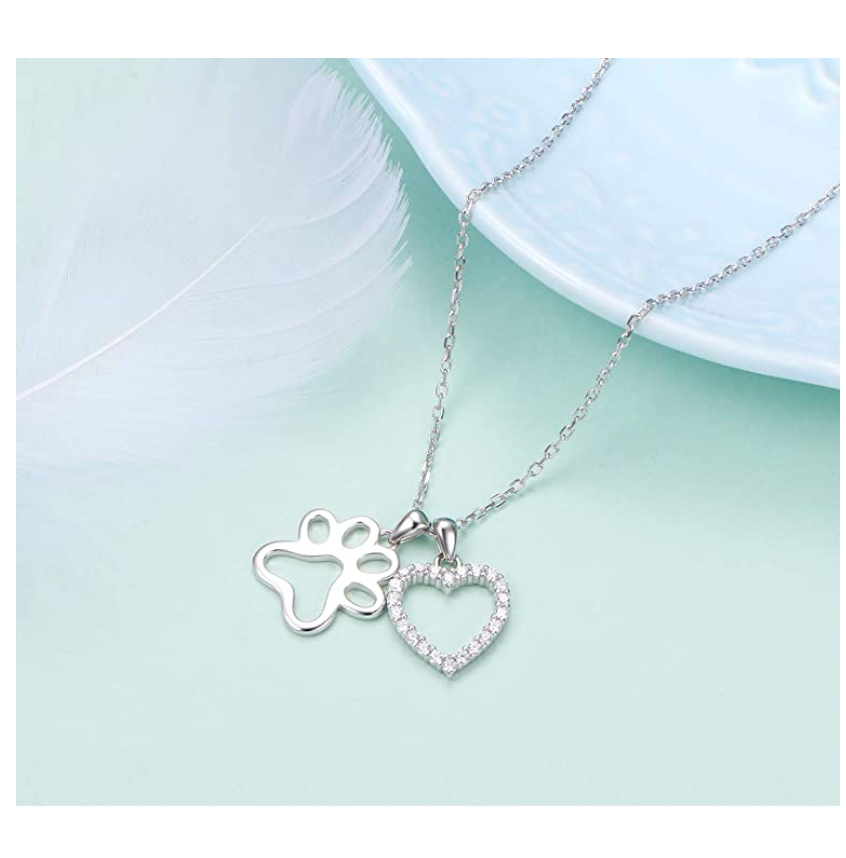 Dog Paw Heart Pendant Love Puppy Dog Necklace Jewelry Dog Bone Chain Birthday Gift 925 Sterling Silver 18in.