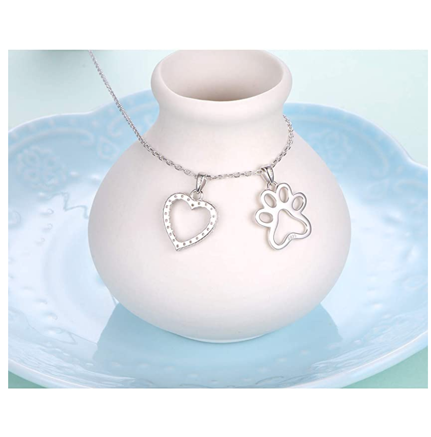 Dog Paw Heart Pendant Love Puppy Dog Necklace Jewelry Dog Bone Chain Birthday Gift 925 Sterling Silver 18in.