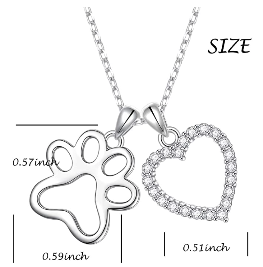Dog Paw Heart Pendant Love Puppy Dog Necklace Jewelry Dog Bone Chain Birthday Gift 925 Sterling Silver 18in.