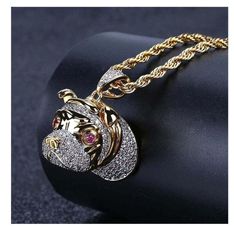 French Bulldog Head Pendant English Bulldog Necklace Jewelry Dog Chain Doggy Puppy Birthday Gift Simulated Diamonds Gold Tone 24in.