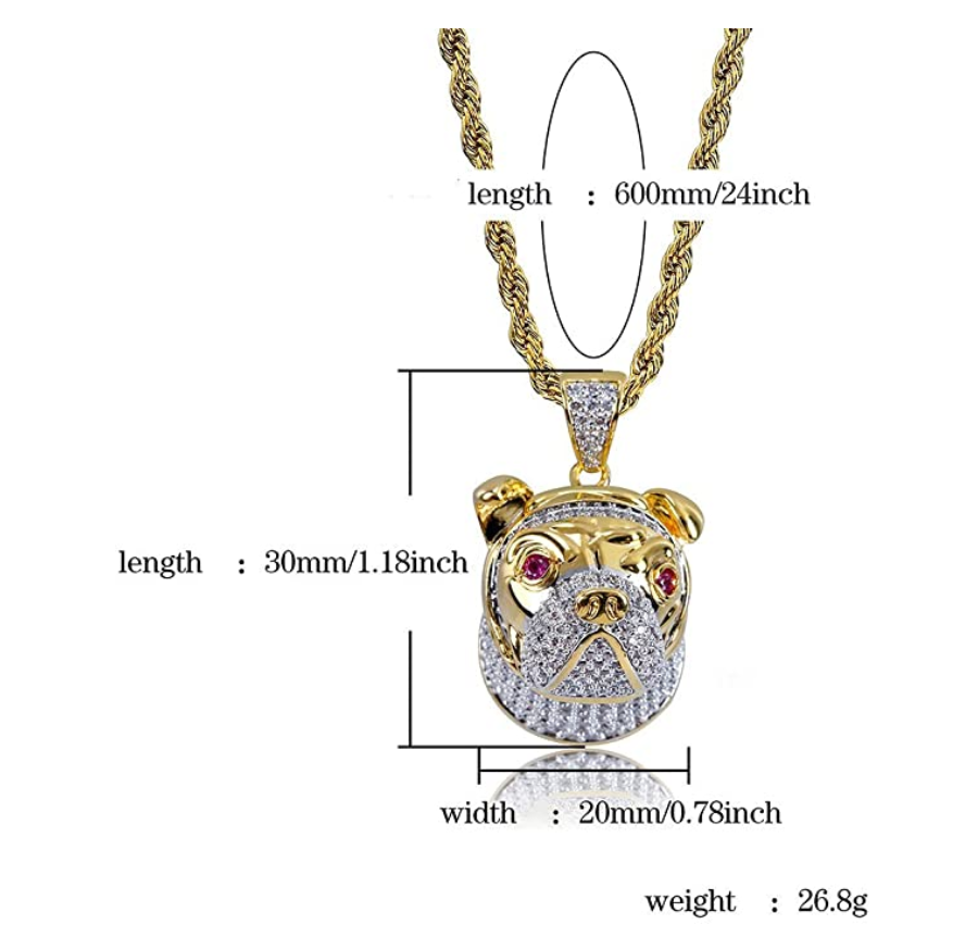 French Bulldog Head Pendant English Bulldog Necklace Jewelry Dog Chain Doggy Puppy Birthday Gift Simulated Diamonds Gold Tone 24in.